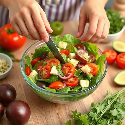 A person preparing a healthy salad with fresh ingredients, showcasing healthy food preparation