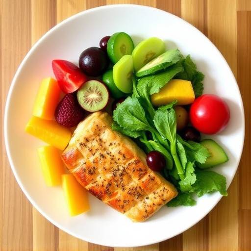 A well-balanced plate showing a variety of fruits, vegetables, lean protein, and whole grains, emphasizing the importance of nutrition alongside exercise