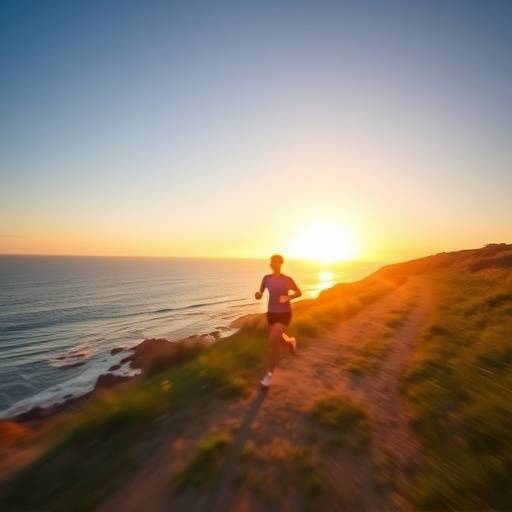 Person jogging along a scenic coastal path at sunrise, emphasizing the joy and invigoration of outdoor exercise