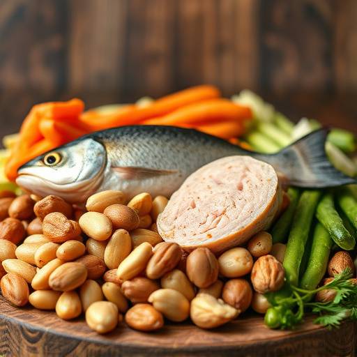 Various sources of protein: fish, chicken, beans, and nuts, illustrating diverse protein options